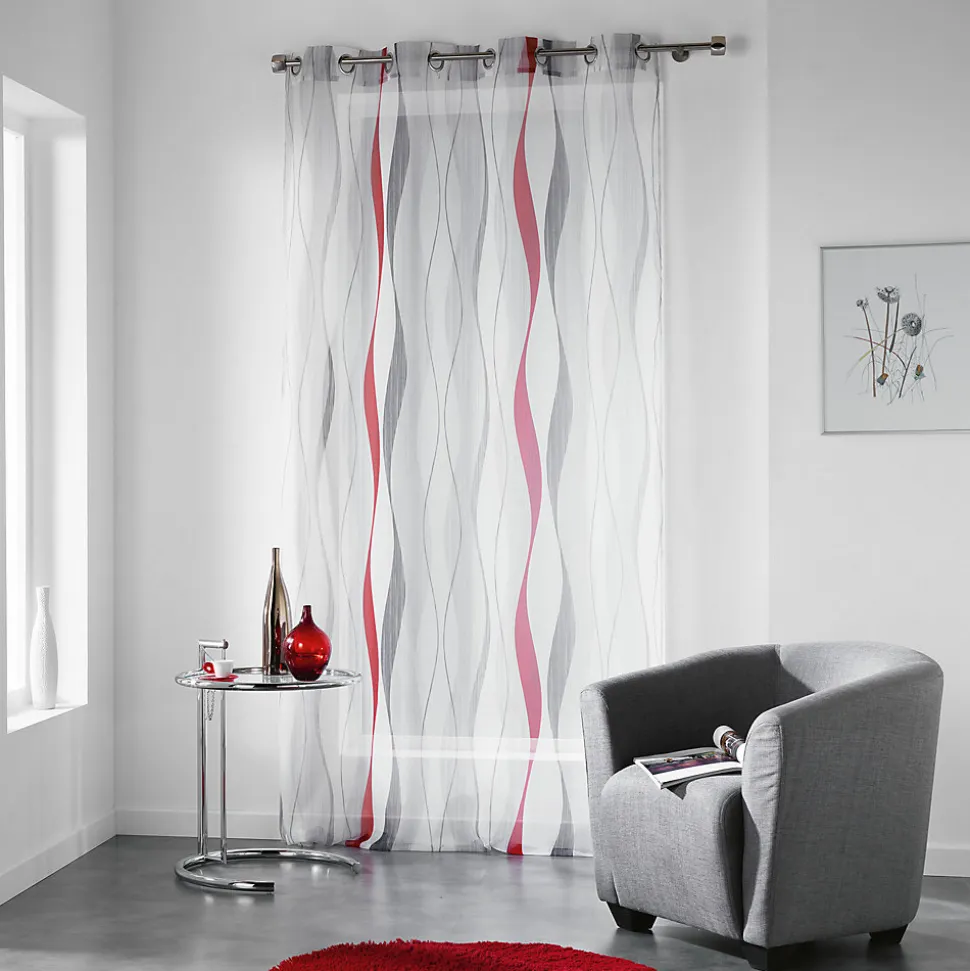 Voilage Imprimé Ruban Ondulé (140x240 cm - Rouge)