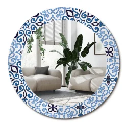 XXL Miroir Rond Cadre Verre Wallfluent fi100 cm Motif Arabe Bleu Décoration Murale Premium Sécurisé
