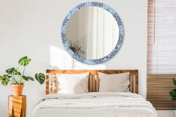XXL Miroir Rond Cadre Verre Wallfluent fi100 cm Motif Arabe Bleu Décoration Murale Premium Sécurisé